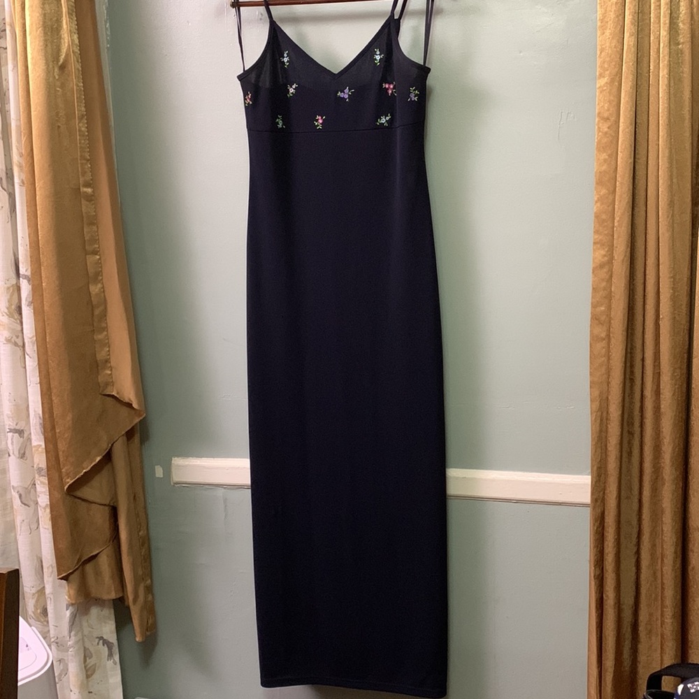 Vintage 90’s Smart Set Dark Navy Dress Embroidered with Mini Flowers - Picture 2 of 12